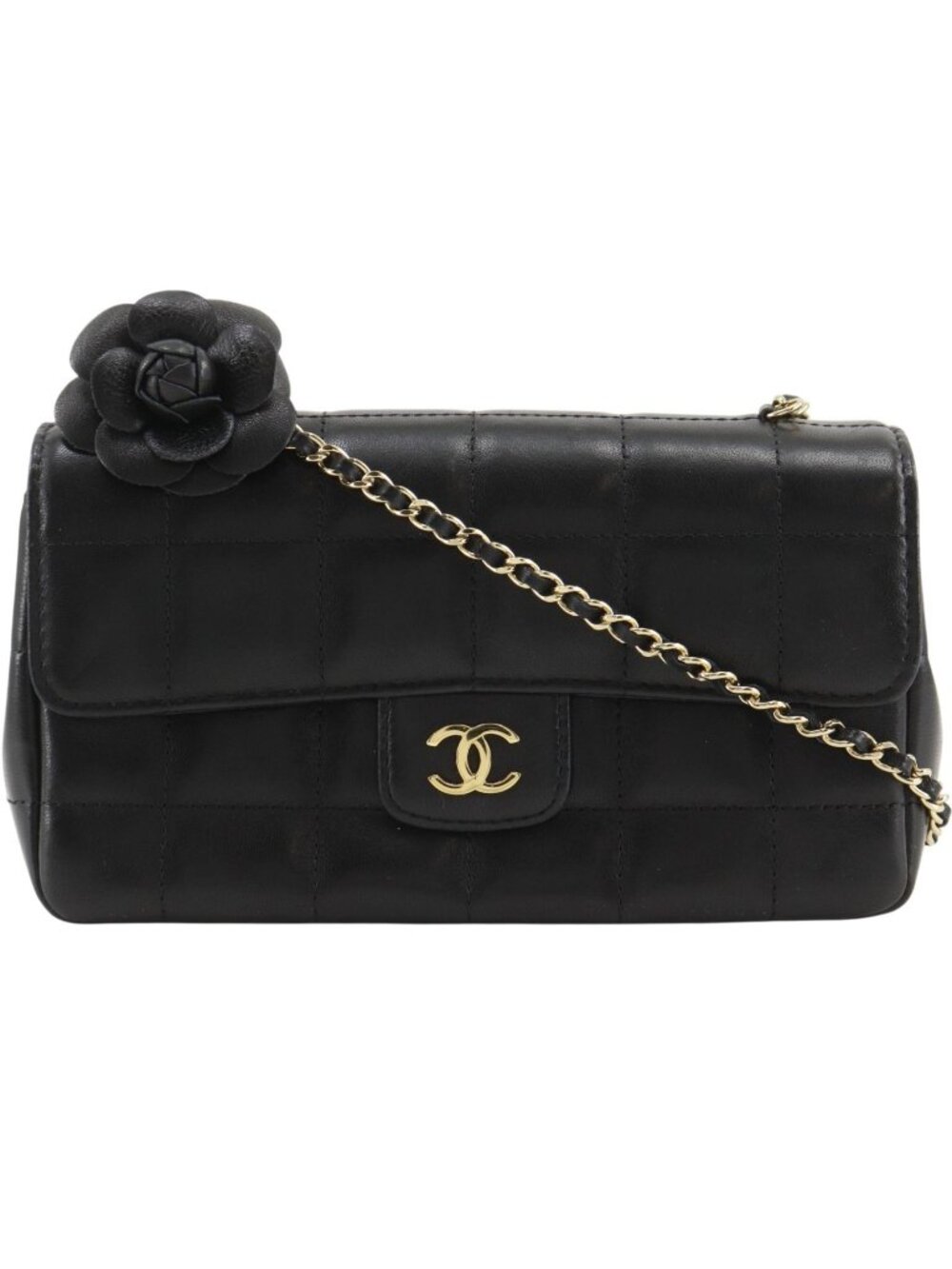 Chanel Choco Bar Camellia Chain Shoulder Calf Black